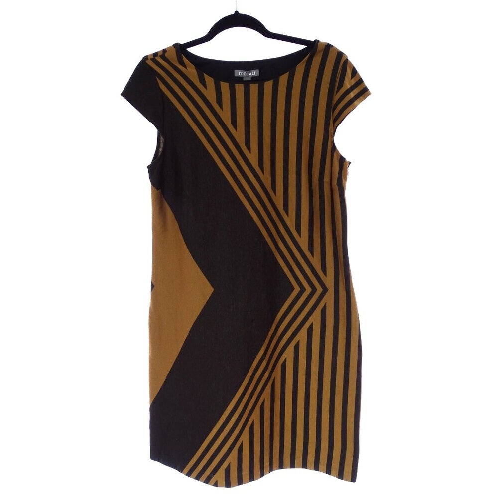 Roz & Ali Brown Black Geometric Print Soft Knit‎ Shift Dress Size 12 Office